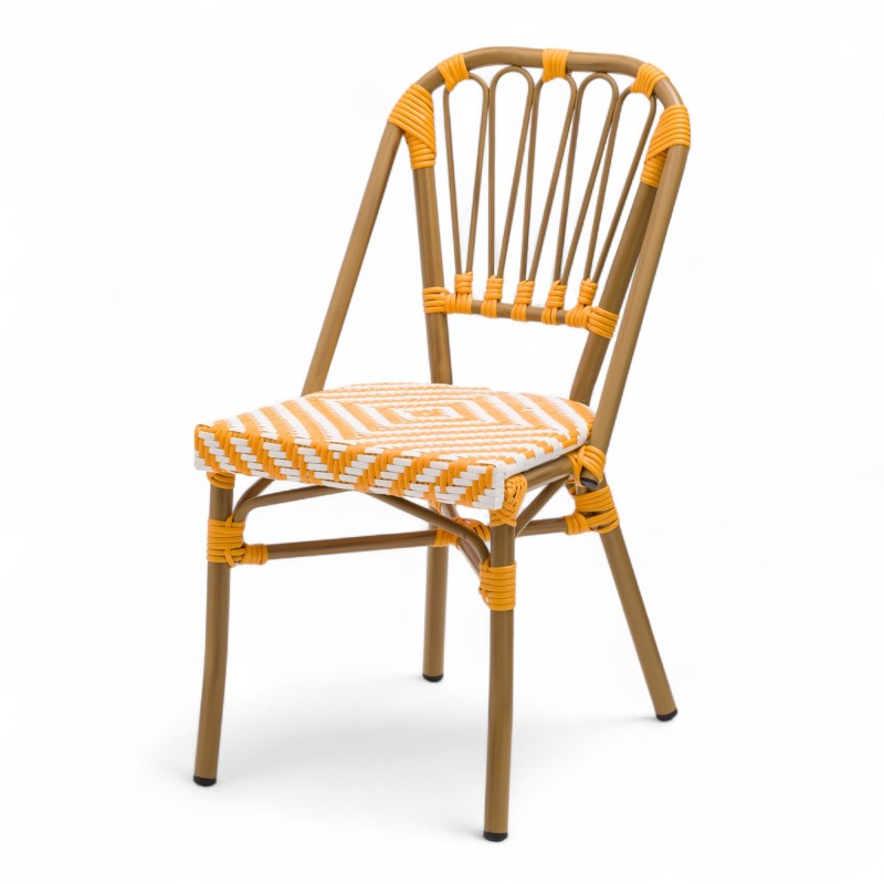 chaise de terrasse tressée jaune et blanc extérieur intérieur aluminium polyrotin Bistromania chaise AIX polyéthylène
