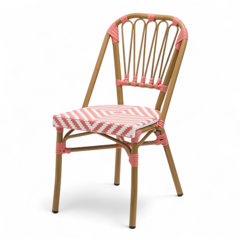 chaise de terrasse tressée rose et blanc extérieur intérieur aluminium polyrotin Bistromania chaise AIX polyéthylène