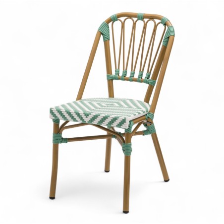 chaise de terrasse tressée vert et blanc extérieur intérieur aluminium polyrotin Bistromania chaise AIX polyéthylène