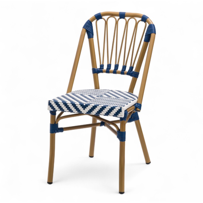 chaise de terrasse tressée bleu et blanc extérieur intérieur aluminium polyrotin Bistromania chaise AIX polyéthylène