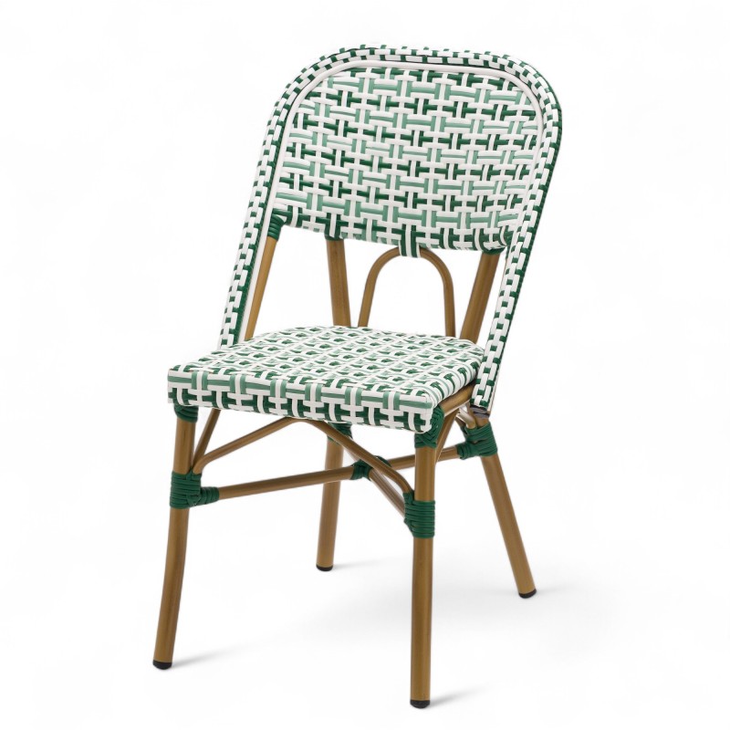 chaise extérieur bistrot professionnel aluminium couleur rotin tressage vert blanc