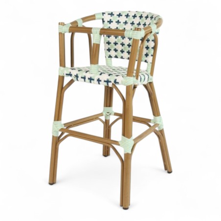 chaise haute bébé parisienne tressée design rotin bleu et blanc