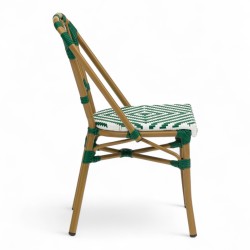 chaise de terrasse tressée vert foncé et blanc extérieur intérieur aluminium polyrotin Bistromania chaise AIX polyéthylène