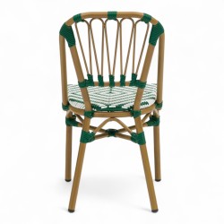 chaise de terrasse tressée vert foncé et blanc extérieur intérieur aluminium polyrotin Bistromania chaise AIX polyéthylène