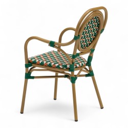 Fauteuil de terrasse GARROS tressé vert orange. Fauteuil d'extérieur Bistromania aluminium polyrotin