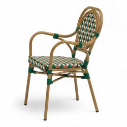 Fauteuil de terrasse GARROS tressé vert orange. Fauteuil d'extérieur Bistromania aluminium polyrotin