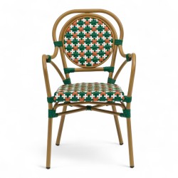 Fauteuil de terrasse GARROS tressé vert orange. Fauteuil d'extérieur Bistromania aluminium polyrotin