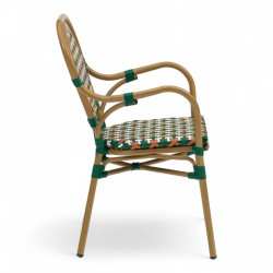 Fauteuil de terrasse GARROS tressé vert orange. Fauteuil d'extérieur Bistromania aluminium polyrotin