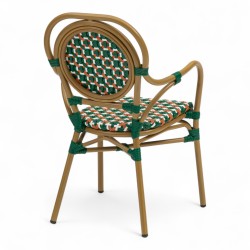 Fauteuil de terrasse GARROS tressé vert orange. Fauteuil d'extérieur Bistromania aluminium polyrotin