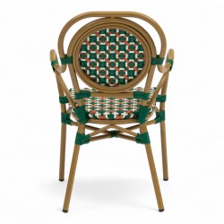 Fauteuil de terrasse GARROS tressé vert orange. Fauteuil d'extérieur Bistromania aluminium polyrotin