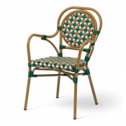 Fauteuil de terrasse GARROS tressé vert orange. Fauteuil d'extérieur Bistromania aluminium polyrotin