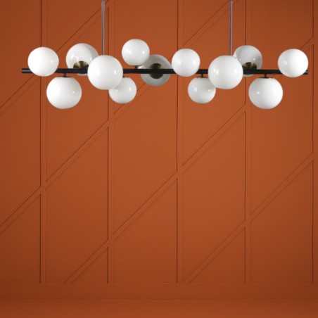 Lustre Design CAFE en Métal Noir et Doré - 13 globes de différentes tailles en verre blanc opalin Lustre Design CAFE en Métal Noir et Doré - 13 globes de différentes tailles en verre blanc opalin