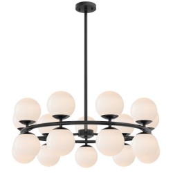 Lustre design noir mat avec 18 globes en verre blanc opalin – éclairage moderne et élégant pour salle à manger ou salon
