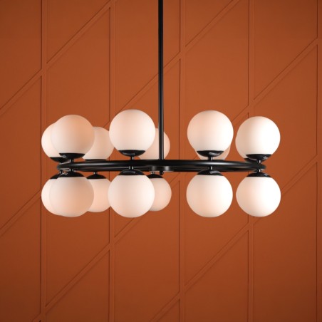 Lustre design noir mat avec 16 globes en verre blanc opalin – éclairage moderne et élégant pour salle à manger ou salon Lustre design noir mat avec 16 globes en verre blanc opalin – éclairage moderne et élégant pour salle à manger ou salon
