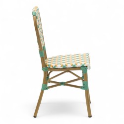 chaise de terrasse parisienne  AUTEUIL en aluminium couleur rotin style gatti drucker tressage jaune blanc et vert