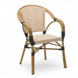 fauteuil de terrasse textilène beige et blanc latte empilable et léger