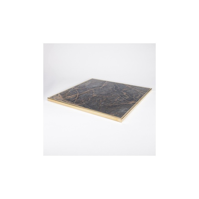 Plateau de table de terrasse carré en stratifié imitation marbre noir SIENNA et cadre laiton