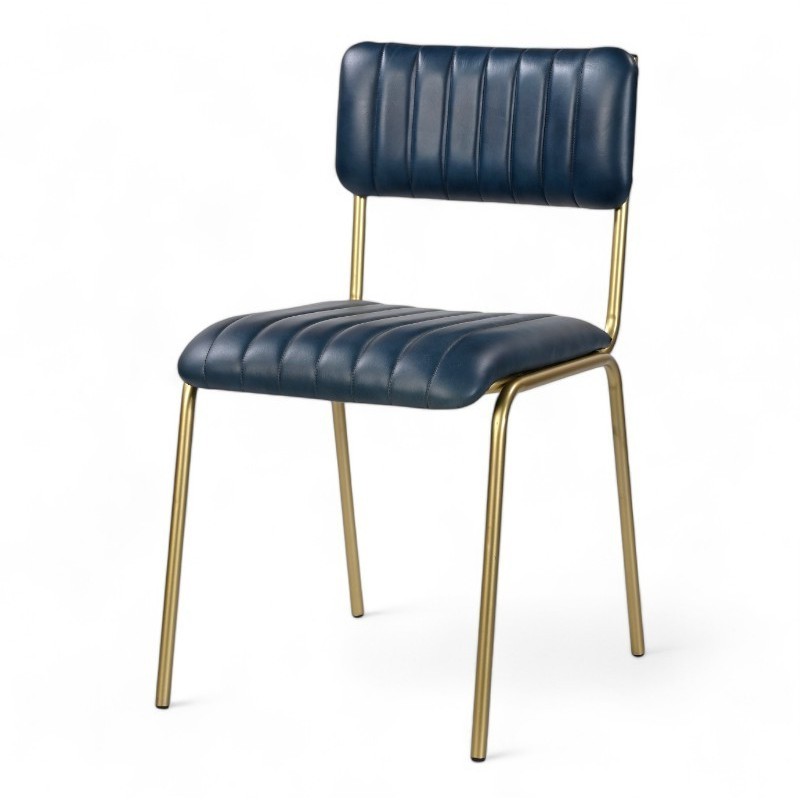 chaise de restaurant en cuir york bleu et métal doré idéal salle à manger design vintage