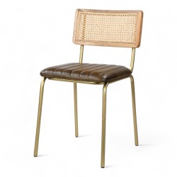 chaise salle à manger lutton en cuir vert olive, pieds dorés et cannage