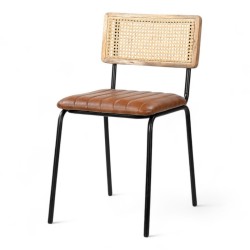chaise salle à manger lutton en cuir marron, pieds noirs et cannage