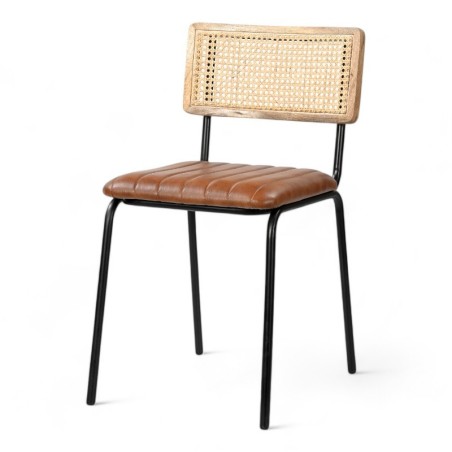 chaise salle à manger lutton en cuir marron, pieds noirs et cannage