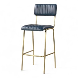 chaise de bar en cuir bleu retro structure dorée design industriel chr