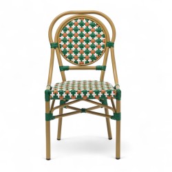 Chaise de terrasse GARROS tressé vert orange. Chaise d'extérieur Bistromania aluminium polyrotin
