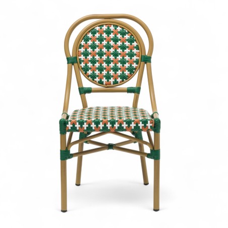 Chaise de terrasse GARROS tressé vert orange. Chaise d'extérieur Bistromania aluminium polyrotin