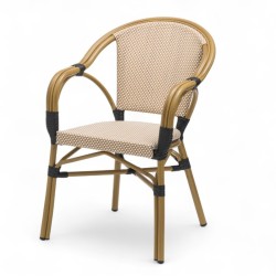 fauteuil de terrasse textilène beige et blanc latte empilable et léger