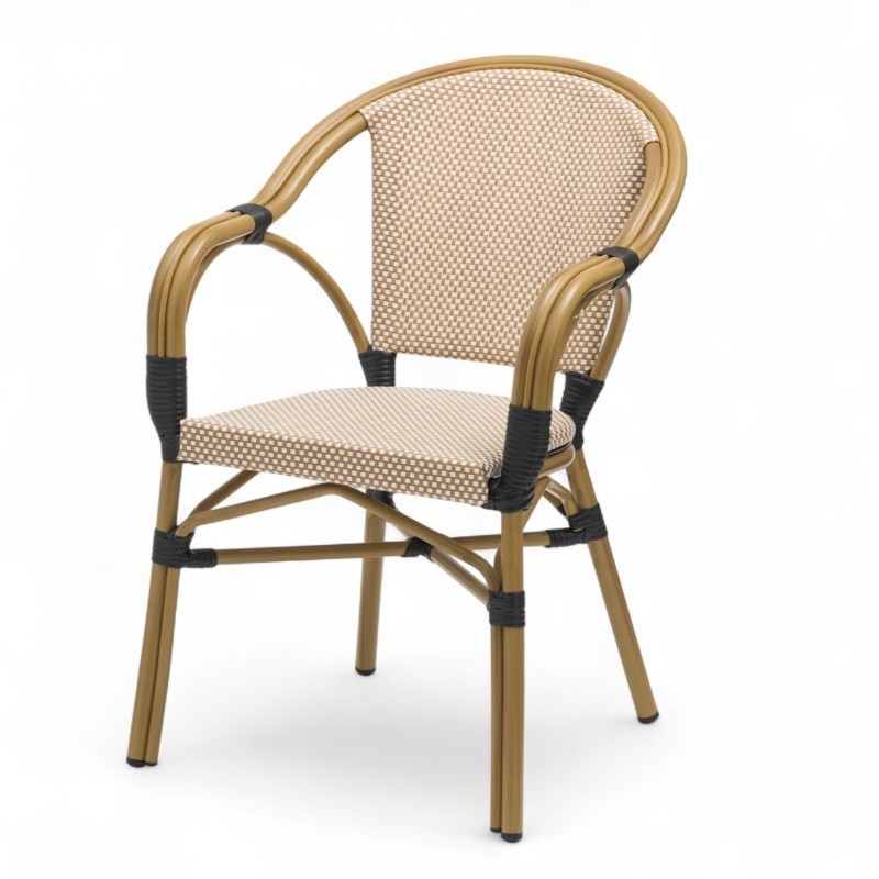 fauteuil de terrasse textilène beige et blanc latte empilable et léger