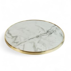 Plateau de table rond brillant marbre Calacatta, cerclé en laiton doré massif et mouluré