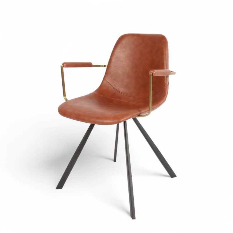 Fauteuil d'intérieur Tucson, assise et dossier en similicuir marron, et pieds en métal, accoudoir avec métal doré