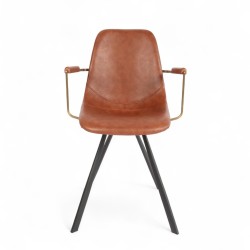 Fauteuil d'intérieur Tucson, assise et dossier en similicuir marron, et pieds en métal, accoudoir avec métal doré