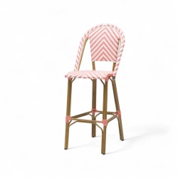 chaise de bar pour terrasse de restaurant tressage rose et blanc structure aluminium couleur rotin