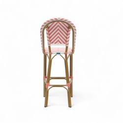 chaise de bar pour terrasse de restaurant tressage rose et blanc structure aluminium couleur rotin