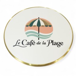 Plateau de table personnalisable, rond et cerclé en laiton massif mouluré doré