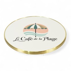 Plateau de table personnalisable, rond et cerclé en laiton massif mouluré doré