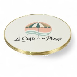 Plateau de table personnalisable, rond et cerclé en laiton massif mouluré doré