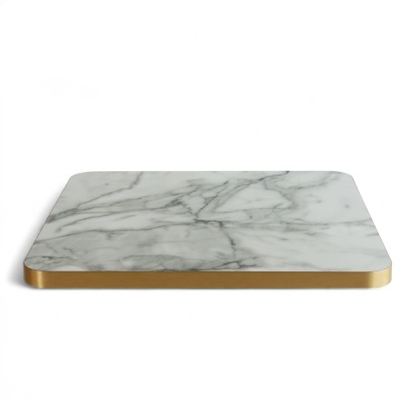 Plateau de table Honoré, carré couleur marbre blanc avec chants pvc doré coins arrondis Plateau de table Honoré, carré couleur marbre blanc avec chants pvc doré coins arrondis