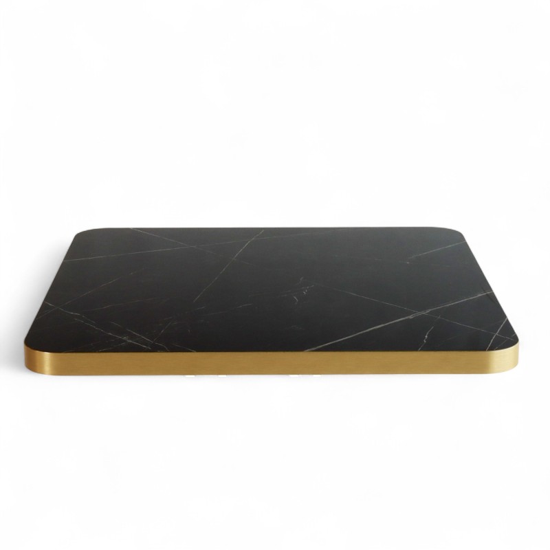 Plateau de table intérieur carré en stratifié couleur noir nero graphite et bords dorés coins arrondis