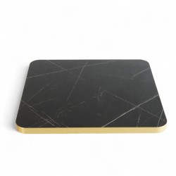 Plateau de table intérieur carré en stratifié couleur noir nero graphite et bords dorés coins arrondis