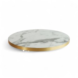Plateau de table rond brillant marbre Calacatta, chants pvc dorés élégant Bistromania