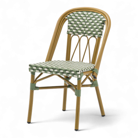 chaise de terrasse parisienne troca tressée vert blanc structure aluminium couleur rotin