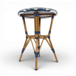 table de jardin tressage bleu et blanc style bistrot parisien D60 cm