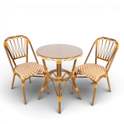 table de jardin tressage jaune et blanc style bistrot parisien D60 cm