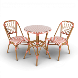 table de jardin tressage rose et blanc style bistrot parisien D60 cm