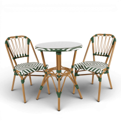 chaise de terrasse tressée vert foncé et blanc extérieur intérieur aluminium polyrotin Bistromania chaise AIX polyéthylène