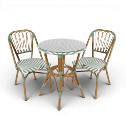 chaises et table de terrasse tressée AIX vert et blanc extérieur intérieur aluminium polyrotin Bistromania chaise AIX