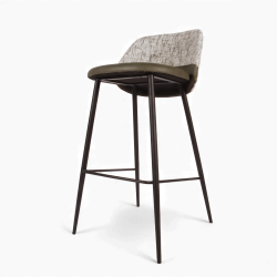 Chaise de bar en cuir et tissu Verone. Structure en métal noir, cuir vert et tissu gris. Assise belle confortable.