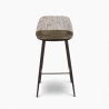 Chaise de bar en cuir et tissu Verone. Structure en métal noir, cuir vert et tissu gris. Assise belle confortable.